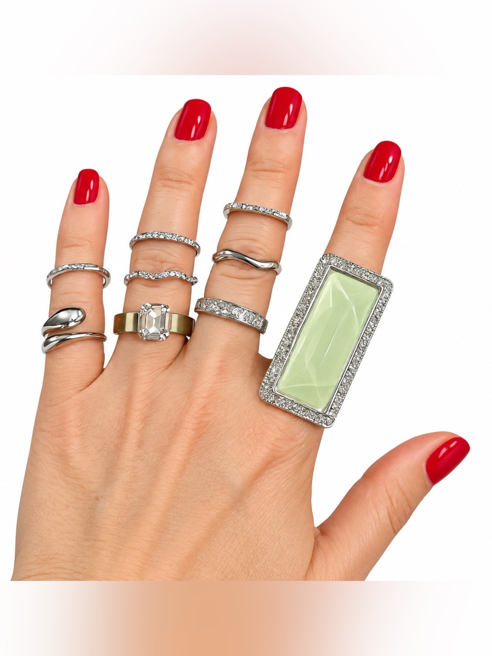 Windsor Silver-Tone  9 pcs Ring set with Pale Green Rectangular Stone
